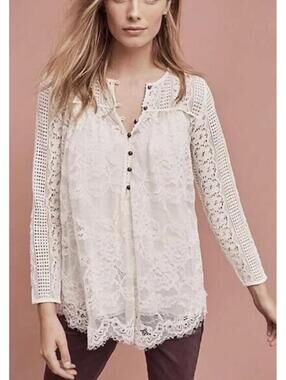 #80 Anthropologie Floreat Sheer Lace pullover Top Sz 16